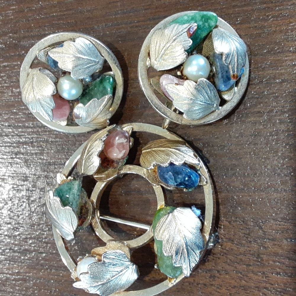 SARAH Coventry Brooch, Earring Set Genuine Stones